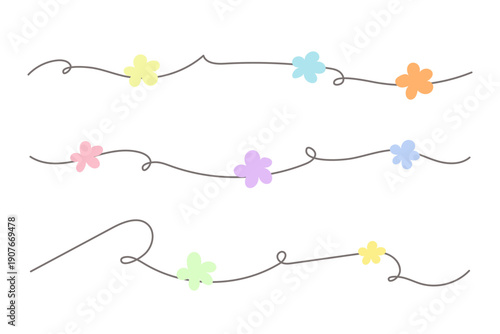 手書き花, ライン, 罫線, 手書き, セットの可愛いお花ラインセット パステルカラーの飾り罫線