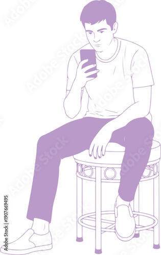 A man sitting on a stool, looking at his phone with a contemplative expression. Vector, illustration