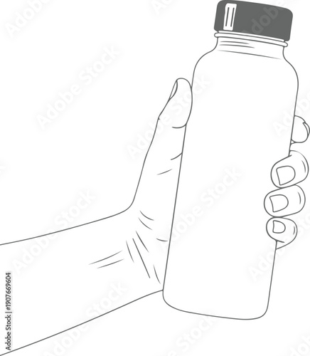 A hand grasping a bottle with a distinctive cap and rings on the fingers. Vector, illustration