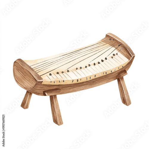 Wooden musical instrument with strings and legs.