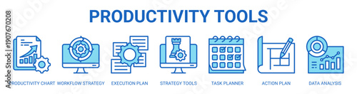 Productivity Tools web banner icon vector illustration concept with icon of productivity chart, workflow strategy, execution plan, strategy tools, task planner, action plan, and data analysis.