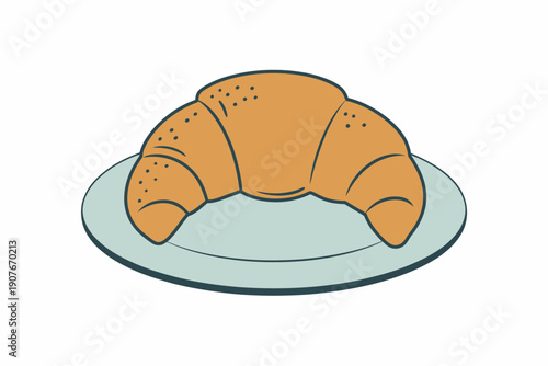 A single golden brown croissant with dark outline rests a light blue plate with a white background