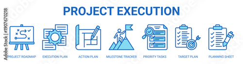 Project Execution web banner icon vector illustration concept with icon of project roadmap, execution plan, action plan, milestone tracker, priority tasks, target plan, and planning sheet.