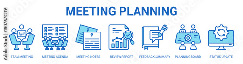 Meeting Planning web banner icon vector illustration concept with icon of team meeting, meeting agenda, meeting notes, review report, feedback summary, planning board, and status update.