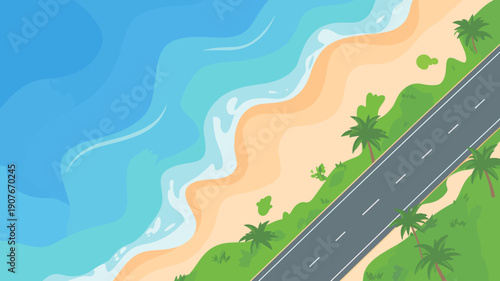 Aerial view of a coastal road winding through palm trees beside a sandy beach and blue ocean waves
