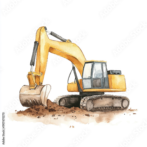 Yellow Excavator Digging in Brown Soil.
