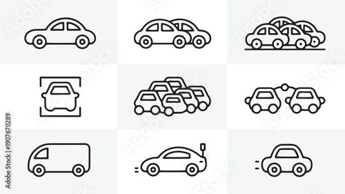 Cars & Traffic Jam Icon Set – Automobile Driving, Urban Road Congestion, Transport Symbols Vector
