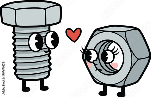 Two anthropomorphic mechanical fasteners in love vector illustration
