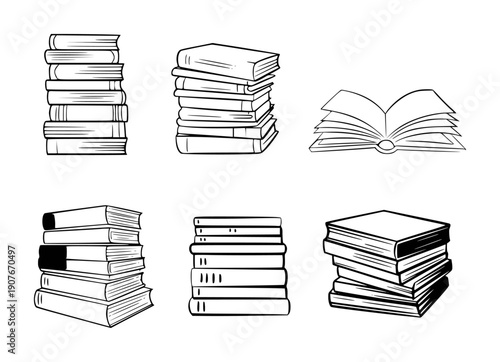 Collection of hand drawn black and white book stacks and open book books reading