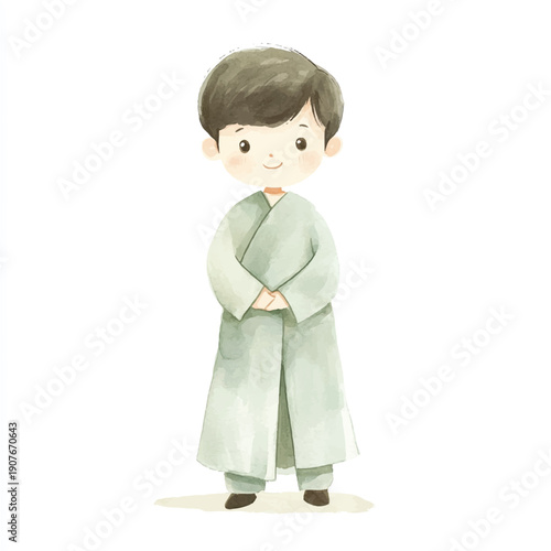 Young boy in traditional attire standing with hands clasped looking forward.