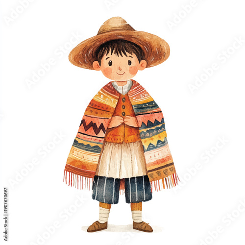 Young boy in traditional attire with a colorful poncho and hat.