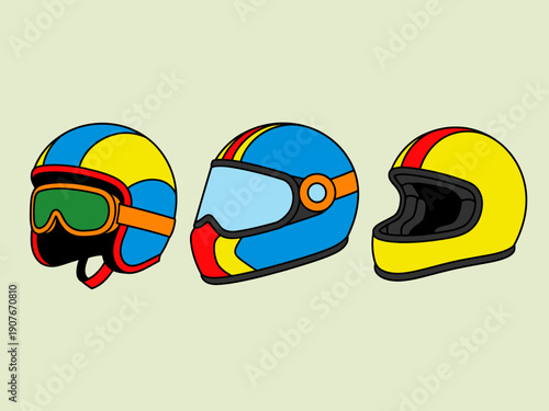 Colorful racing helmets with goggles and visors a light background motorcycle sport