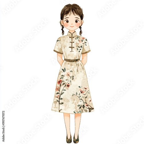 Young girl in traditional Chinese dress cute and elegant floral print short sleeves traditional style standing pose.