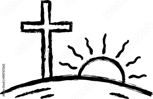 Hand drawn ink drawing, minimalistic line sketch: Christian cross on a hill, rising sun in the background