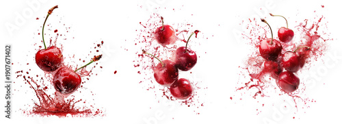 PNG Vibrant cherries splashing water, element set on transparent background