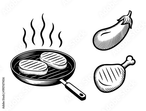 Hand Drawn Grill Pan With Steaks Eggplant And Chicken Leg White Background meat cooking