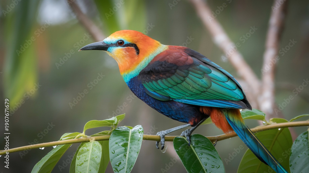 Obraz premium Vibrant bird with orange, blue, and green plumage perched on a leafy branch