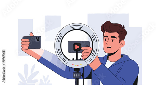 Young Content Creator Filming Video with Ring Light and Smartphone for Social Media Vlogging