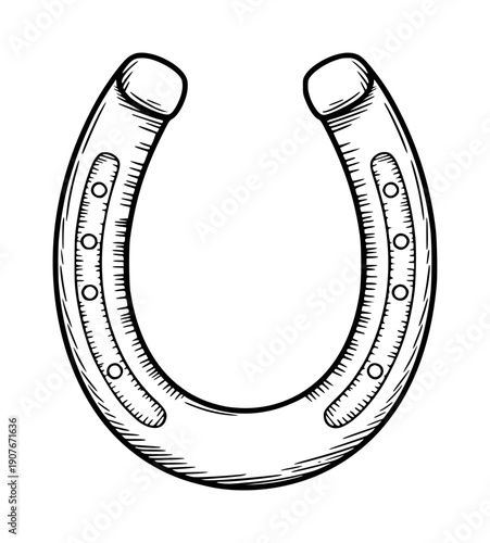 Hand drawn of a metal horseshoe with nail holes isolated white background iron luck