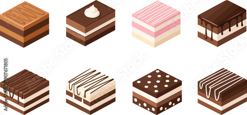 Large set of delicious gourmet chocolate and vanilla dessert cake slices with creamy layers and sweet frosting for bakery vector illustration