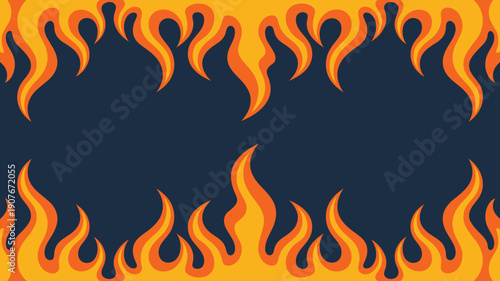 Stylized orange and yellow flames border a dark blue background creating a fiery frame