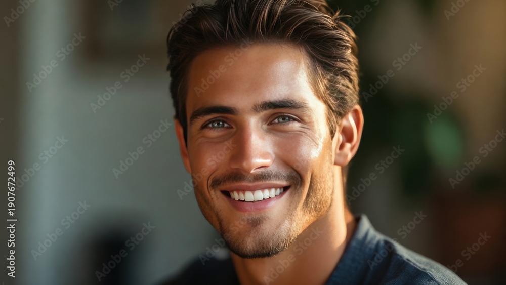 Obraz premium Smiling young caucasian male with short hair in warm lighting.