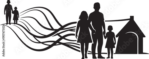 Family Silhouette with Abstract Lines and House Icon Graphic