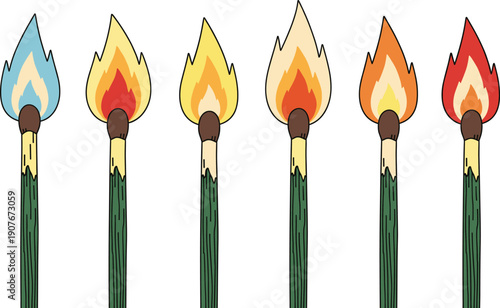 Set of colorful lit matchsticks with blue orange and red flames for camping and fire safety vector illustration