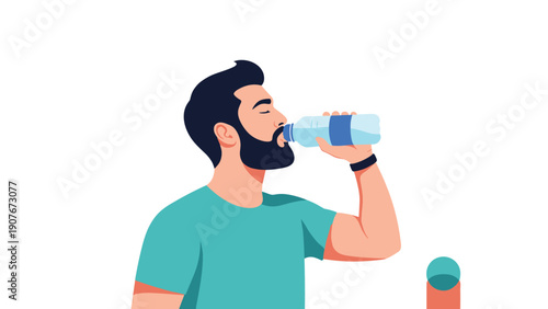 Healthy man with a beard drinking fresh water from a plastic bottle after a workout against a white background.