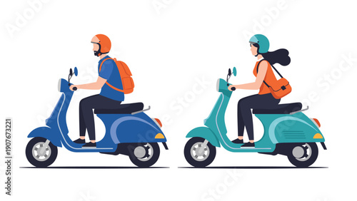 Man and woman wearing helmets and backpacks riding stylish blue and green motor scooters on a white background for urban transportation.