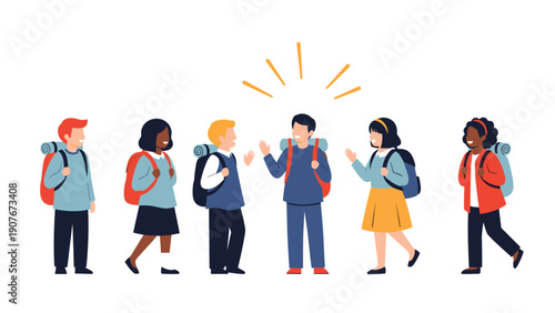 Group of diverse school children with colorful backpacks talking and smiling together on their way to class.