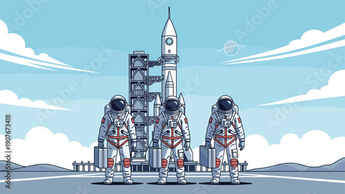 Three brave astronauts in protective suits carrying briefcases and standing in front of a giant space rocket at the launch facility.