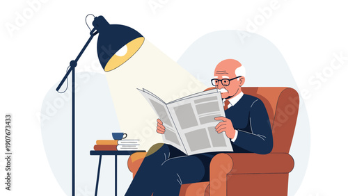 Relaxed elderly gentleman sitting in a brown armchair and reading a newspaper by the soft light of a floor lamp.