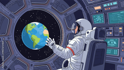 Astronaut looking through a circular spacecraft window at the planet Earth in the vastness of dark starry space.