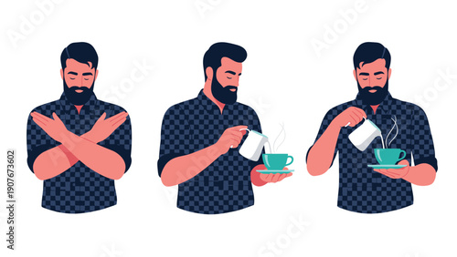 Bearded barista in a checkered shirt demonstrating the process of making latte art with a milk pitcher and a teal cup.