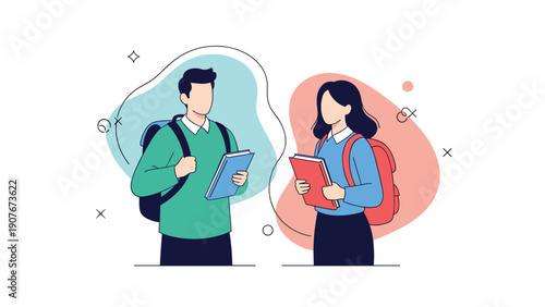 Male and female students with backpacks holding books and talking together in modern school or university setting.