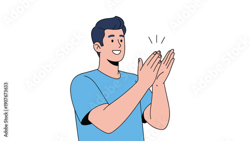Smiling young man in a blue t-shirt clapping his hands in applause against a plain and clean white background illustration.