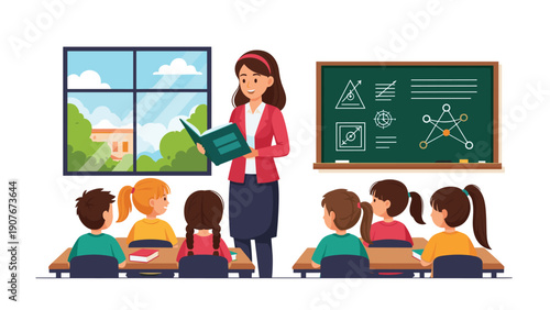 Female teacher reading a storybook to attentive young students sitting at desks in a bright and modern school classroom.