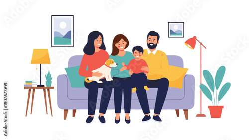 Happy family with two children and a pet dog sitting comfortably on a sofa in a cozy and warm home living room interior.