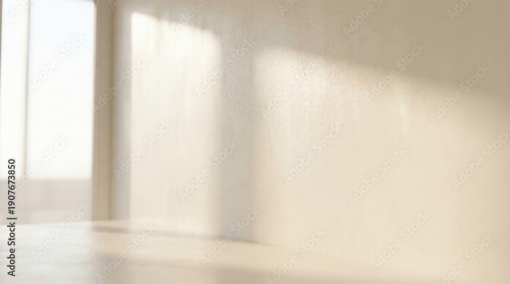 Fototapeta premium Soft light pours into an empty, minimalist interior space through large windows and walls.
