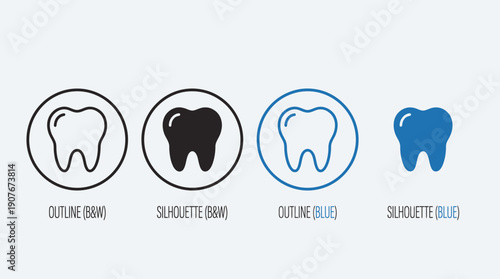 Tooth Icons Vector Set | Black Outline Solid White Blue Dental Care Oral Hygiene Dentist Symbol Healthy Smile Medical Dentistry Graphic Illustration Editable Stroke Collection