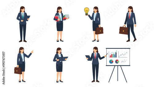 Collection of various poses of a professional businesswoman showing different work activities and professional emotions.