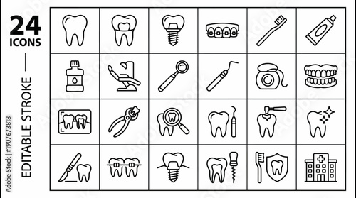 Dental Icons Vector Set | Editable Stroke Tooth Implant Braces Chair Mirror Floss Mouthwash Toothbrush Chart Shield Sparkling Tooth Medical Dentistry Tools Collection
