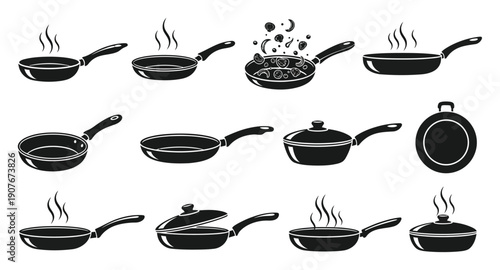 Collection of Black and White Frying Pan Illustrations with Steam and Food