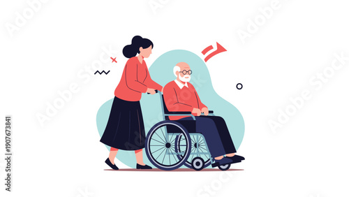 Young woman pushing elderly man in wheelchair on abstract blue background representing senior care and mobility.