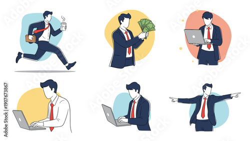 Set of professional businessman character poses including running for a meeting holding money and working on a laptop.