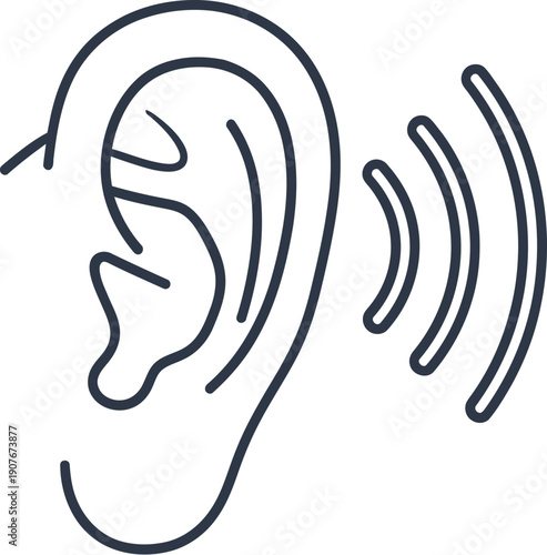Simple dark line art icon depicting a human ear with sound waves emanating outwards representing the concept of listening or hearing