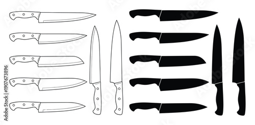 Collection of Chef's Knives and Cleavers in Outline and Silhouette