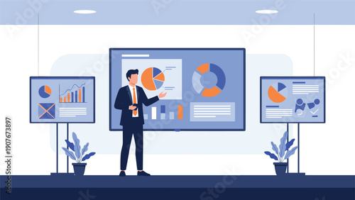 Businessman giving a presentation using multiple data screens with various charts and graphs for business analysis.