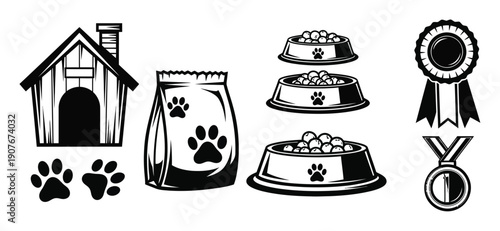Collection of Dog-Related Icons: House, Food Bowls, Paw Prints, and Awards